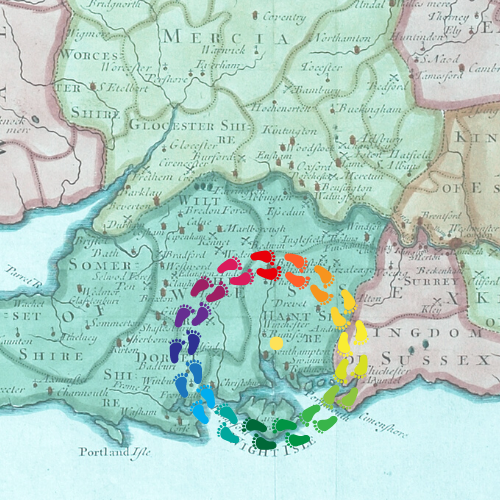 An image of an old style map featuring Southampton and southern counties. There is a circle of feet surrounding Southampton. 